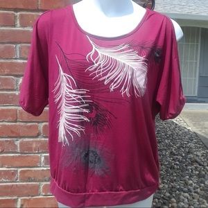 Maroon cold shoulder top with feather design 3X